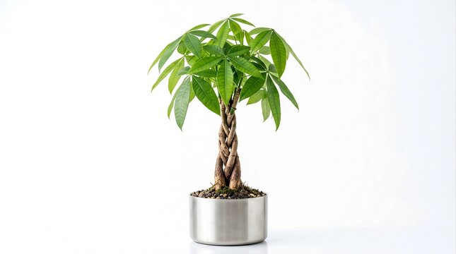 Healthy Pachira aquatica money tree with braided trunk and lush green leaves displayed in a modern metal pot on a white background.
