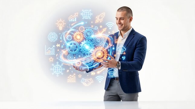 Businessman interacts with glowing network graphic in office setting