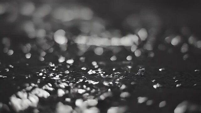 Macro close-up of glistening water droplets on a dark wet shoreline surface at dusk