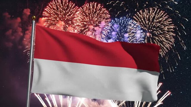 Indonesian National Flag Waving During Night Fireworks Celebration