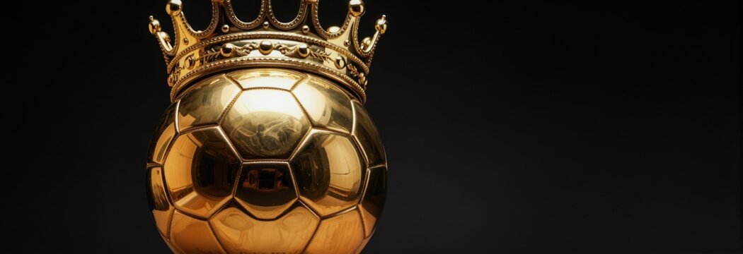 Golden soccer ball with crown sits on dark background. Represents championship win, ultimate victory, and best player award. Ball is shiny, round, and royal.