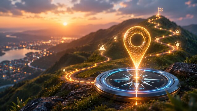 Glowing digital compass and location pin on mountain path pointing towards summit flag representing business journey and strategic goal