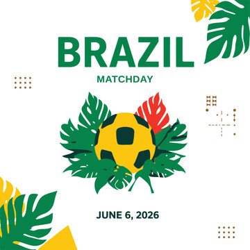 Brazil soccer matchday event announcement poster with tropical foliage, football