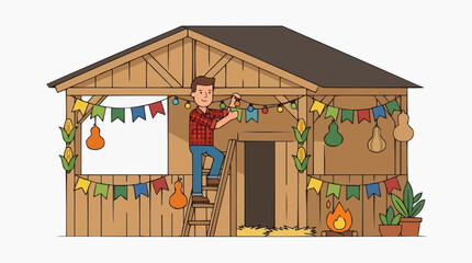 Obraz premium Man Decorating Barracão with Flags Corn and Gourds for June, Brazilian Festa Junina Decoration Flat Illustration