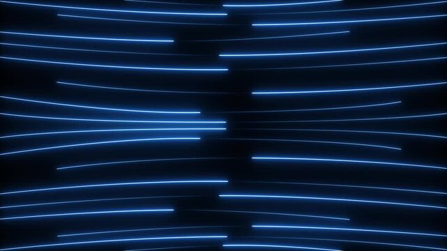 A dark abstract background illuminated by multiple horizontal curved neon blue light lines creating a sense of motion and depth with a futuristic and technological feel. Keywords: abstract