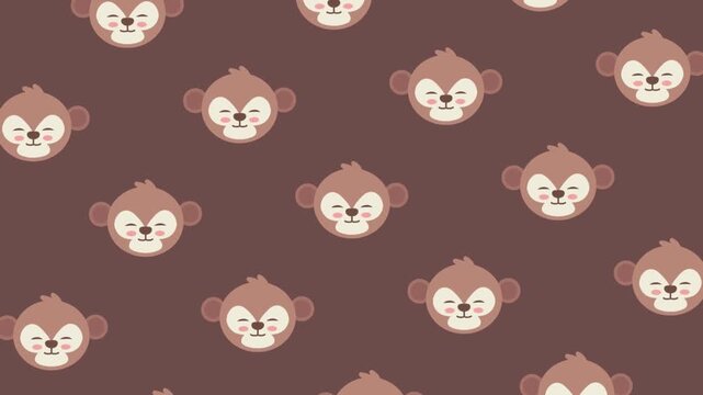 Seamless Pattern of Cute Cartoon Monkey Faces on a Brown Background