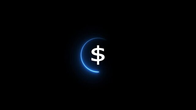 A glowing blue circular progress indicator surrounds a white dollar sign symbol on a dark black background signifying financial processing, transaction, or currency exchange. Keywords: dollar