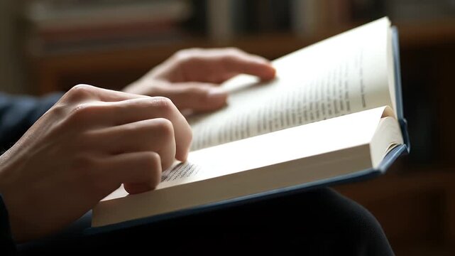 Close up of male hands holding and reading an open book, following text with a finger in a quiet indoor setting, education and learning concept.