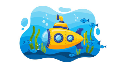 Obraz premium Cartoon Yellow Submarine Exploring Underwater World Vector