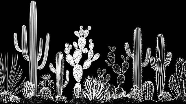Detailed line art of various cactus species in row.