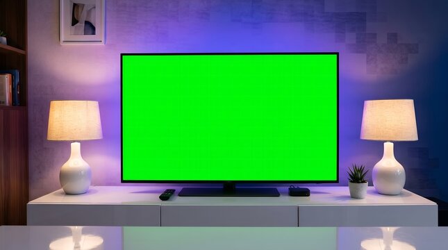Modern television screen displaying a bright green chroma key background within a cozy dimly lit living room setting at night