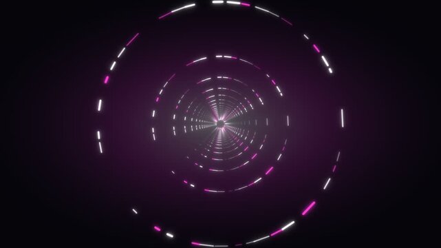 Neon pink and white dashed circle tunnel in dark cyberspace