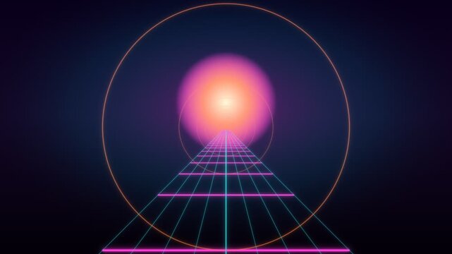 Retro 80s synthwave background with glowing neon grid and sun