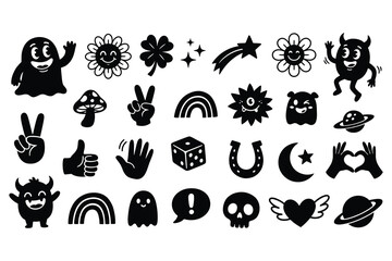 Fototapeta premium A collection of small black and white cartoon-style icons includes ghosts, smiling flowers, four-leaf clovers, shooting stars, mushrooms, peace signs, thumbs-up, rainbows, dice, horseshoes, moons.