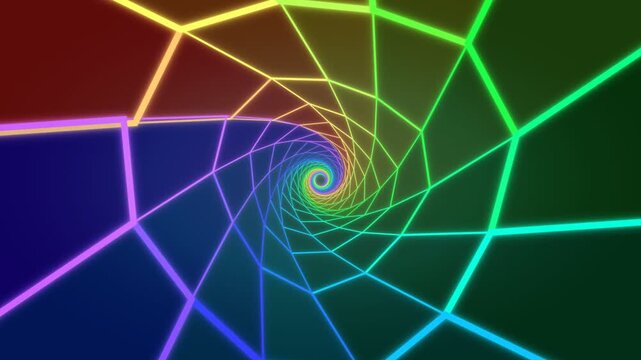 Colorful neon geometric tunnel spiraling into a deep vortex