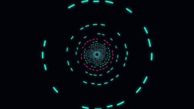 Glowing neon tunnel of cyan and magenta dashed lines