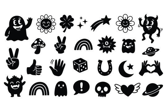 A collection of small black and white cartoon-style icons includes ghosts, smiling flowers, four-leaf clovers, shooting stars, mushrooms, peace signs, thumbs-up, rainbows, dice, horseshoes, moons.