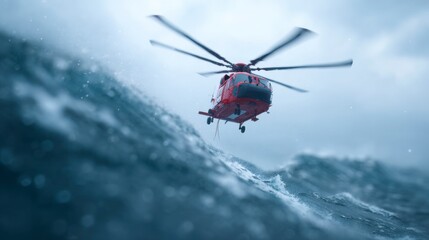 Fototapeta premium Rescue Helicopter Braving Stormy Seas in Search and Rescue Operations During Inclement Weather Conditions