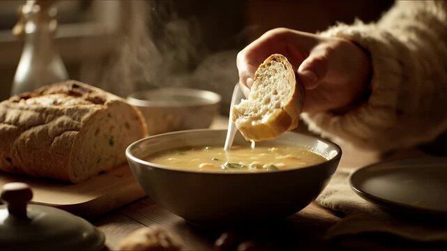 Close-up of a person dipping a slice of bread into a bowl of hot steaming soup on a rustic wooden table, cozy comfort food concept.