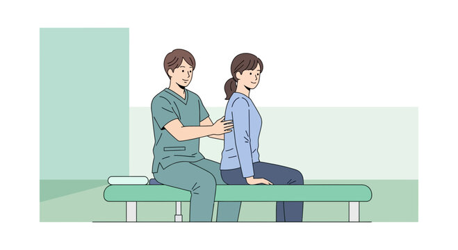 Therapist performs spinal examination on seated woman in clinic setting