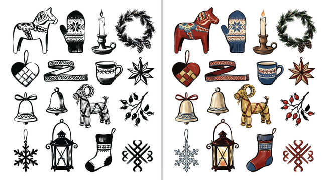 Collection of Scandinavian Christmas and Winter Holiday Icons, including Dala horse, mittens, candle, wreath, and stocking.