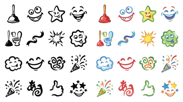 Collection of cartoon icons and symbols in black and white and color, featuring faces, stars, clouds, plungers, and confetti.