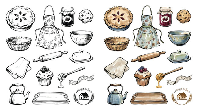 Collection of baking ingredients and tools, including pies, muffins, jars of jam, rolling pins, and aprons, presented in both sketch and color.