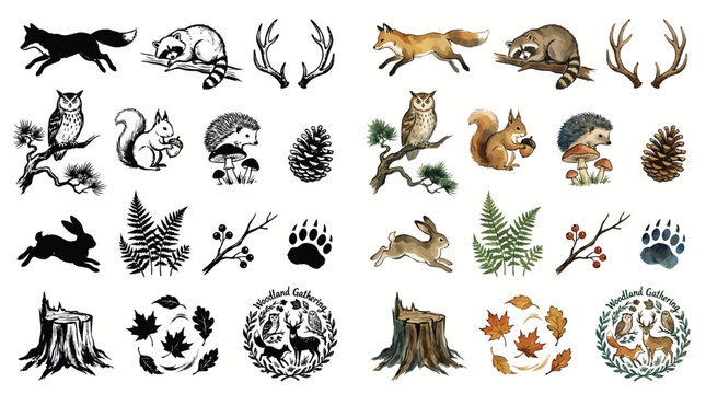 Collection of Forest Animals and Nature Elements in Watercolor and Silhouette Styles.