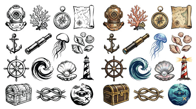Collection of nautical and marine-themed illustrations including anchors, compasses, maps, and diving equipment.