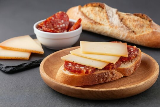 Enjoy a traditional Spanish sobrasada sandwich with cheese on crusty bread. Slice of cured sausage atop with melted cheese, ideal appetizer or tapa.