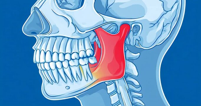 Medical illustration of jaw pain and dental discomfort. 3D medical illustration of human jaw anatomy showing temporomandibular joint dysfunction with red inflammation highlight on a female face