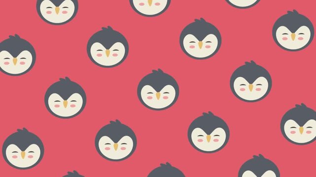 Adorable and sleepy cartoon penguin faces create a charming seamless pattern on a vibrant red background, perfect for fun and playful designs