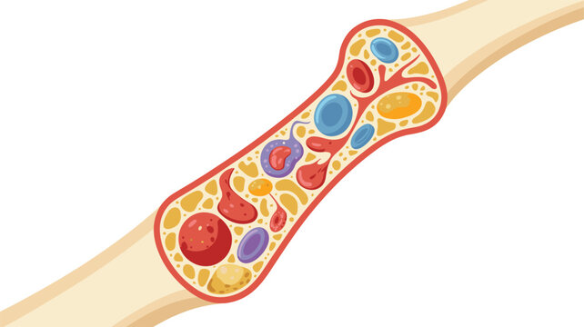 A detailed anatomical cross-section of a human bone reveals internal marrow, vibrant blood vessels, and various floating blood cell types.