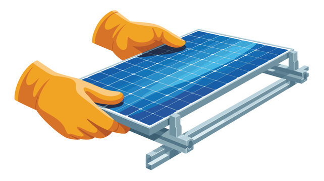 Orange-gloved hands carefully align a blue photovoltaic solar panel onto a sturdy metal rail mounting system for secure roof attachment.