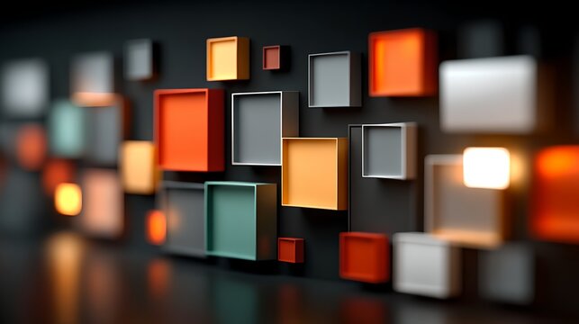 A vibrant arrangement of colorful abstract squares and rectangles are displayed on a dark background, creating a modern and dynamic visual composition
