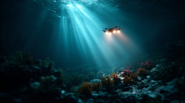 An underwater drone with lights on explores a coral reef in the deep ocean. Sunbeams pierce the dark blue water from above, illuminating the underwater scene