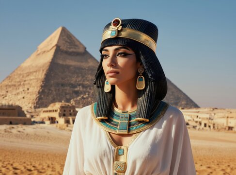 Ancient Egyptian queen in traditional headdress, jewelry poses majestically before pyramids, desert landscape. Regal attire, kohl lined eyes speak of history, pharaonic power. Icon of Egyptian