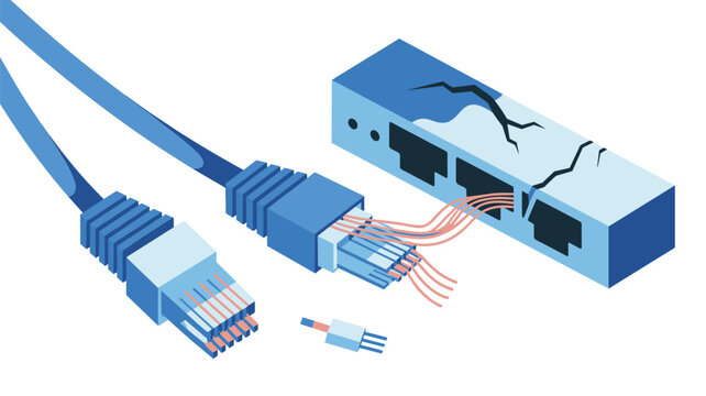 A damaged ethernet cable with exposed copper wires lies next to a cracked network port, illustrating a critical failure in digital infrastructure.