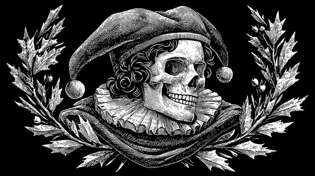 Jester skull wearing a hat and laurel wreath engraving.