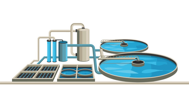 A water treatment facility showcases large circular settling tanks, filtration units, and piping arranged on a flat ground surface.