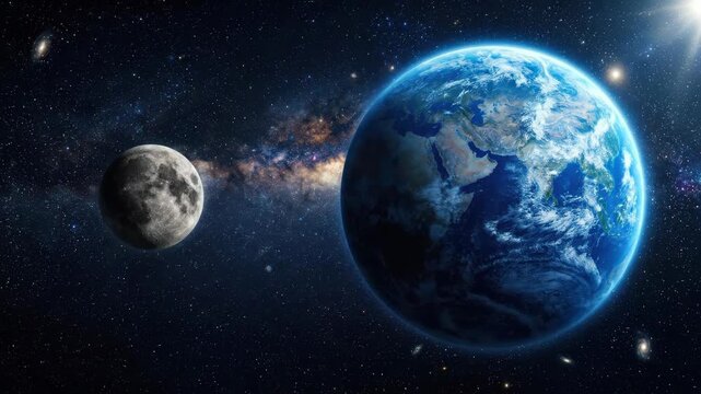 Space illustration with blue planet and moon, cosmic scene with deep atmosphere, glowing celestial bodies and futuristic wonder for astronomy and science themes, controlled studio light, realistic