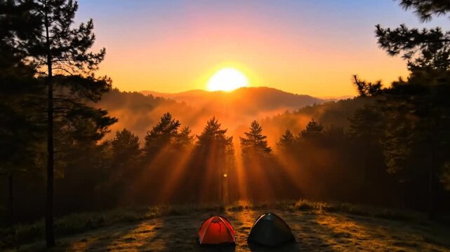 Stunning sunrise view over a mountain camping site with tents, beautiful morning fog, a peaceful river, and golden sun rays piercing through the lush pine forest trees during dawn.