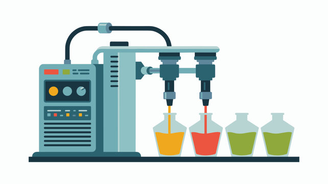 An automated industrial machine precisely fills four glass bottles with vibrant orange, red, and green liquids against a plain white background.