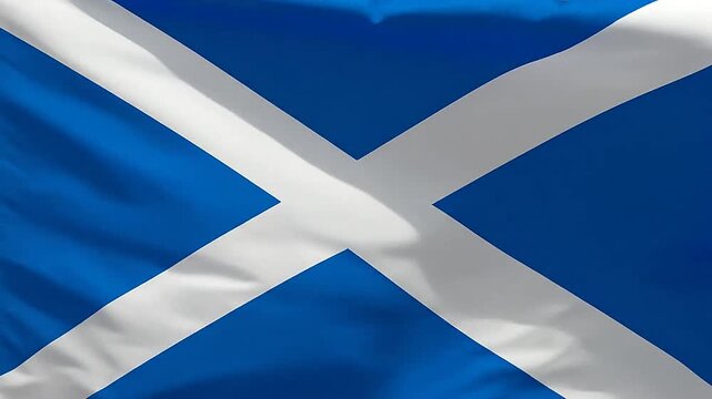 A blue flag with a white diagonal cross waving in the wind