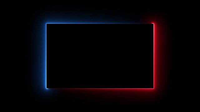 A dark square frame is highlighted by contrasting neon lights with a vibrant red glow on the left side and a cool electric blue light on the right side against a deep black void, suggesting