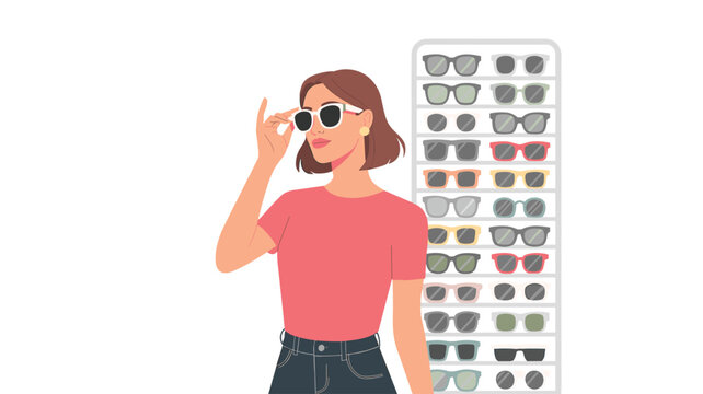 A stylish woman carefully tries on elegant dark sunglasses from a vertical display rack in a very bright and minimalist boutique with warm soft tones.