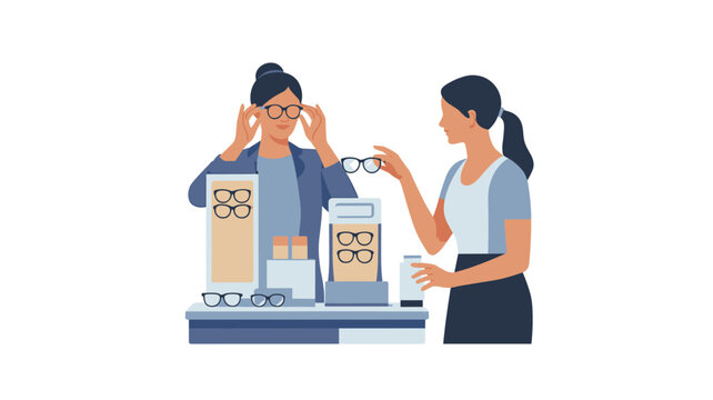 Two women interact in a clean optical store, with one customer trying on stylish glasses while an assistant provides helpful guidance.