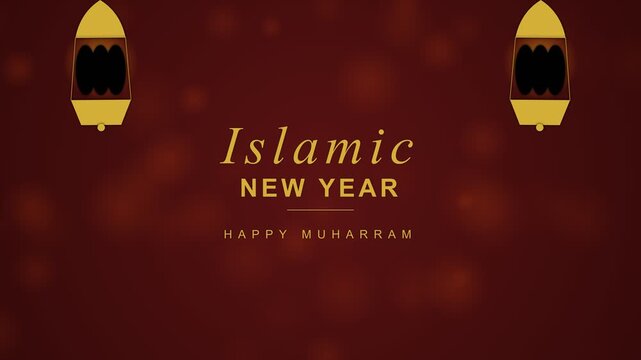 Islamic new year greeting card with golden lanterns and bokeh on a maroon background.