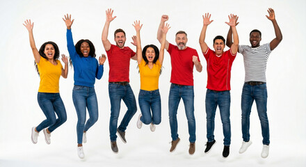 Obraz premium Joyful Diverse Group of Football Fans Celebrating Victory, Excited Soccer Supporters Isolated on White Background
