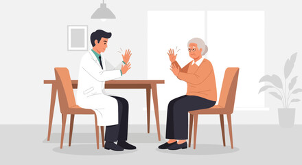Fototapeta premium Doctor examines elderly woman's hands in home consultation